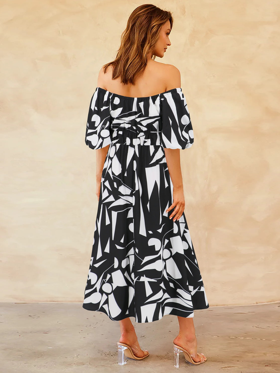 Printed Off-Shoulder Balloon Sleeve Dress apparel & accessories