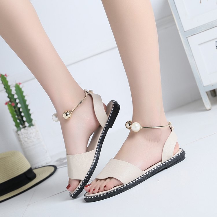 Women Summer Open Toed Simple Flat Roman Style Sandals Pearl Buckle Girl Student Shoes Shoes & Bags