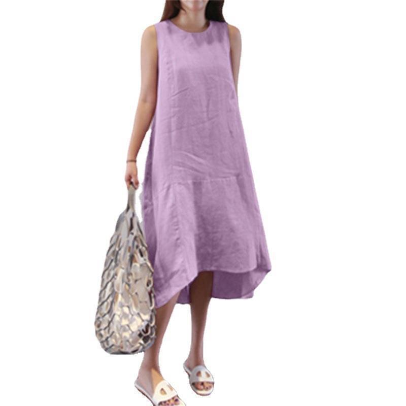 Round Neck Dress Sleeveless Plus Size Loose Solid Color Long Large Hem Vest Cotton Linen Dress apparel & accessories