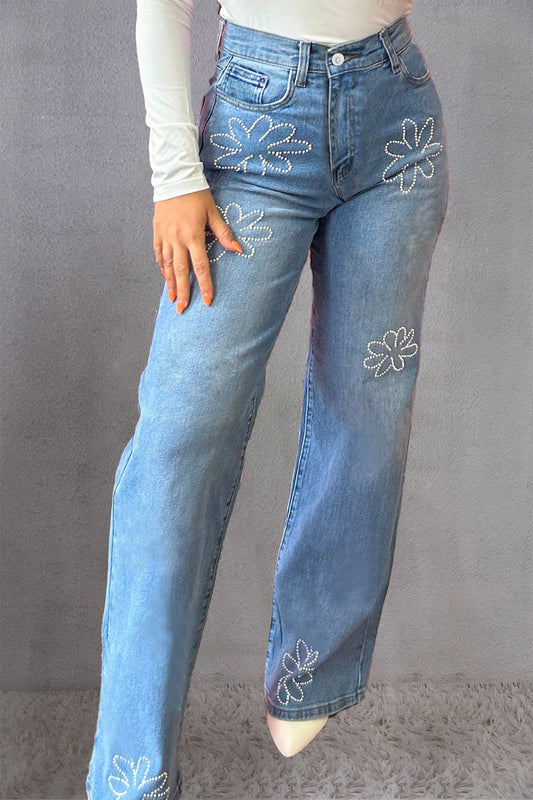 Rhinestone Straight Jeans with Pockets Bottom wear