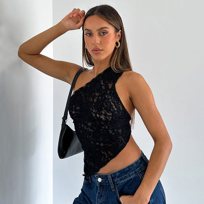 Ins Lace Backless Top Summer Solid Color Waistless Asymmetrical Sloped Neck Vest Streetwear Womens Clothes apparel & accessories