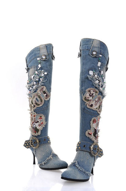 Women's String Beads High-heeled Denim Stiletto Heel Shoes & Bags