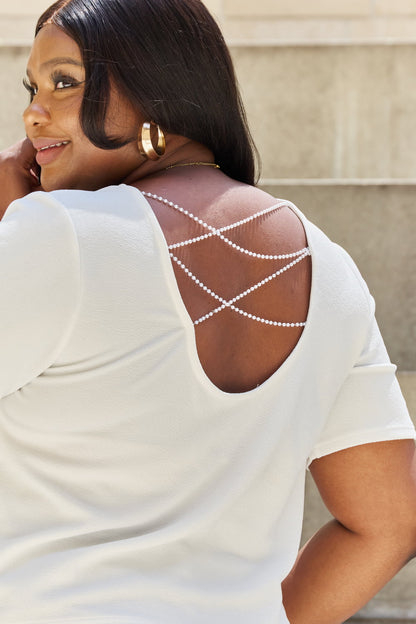 And The Why Pearly White Full Size Criss Cross Pearl Detail Open Back T-Shirt Dresses & Tops