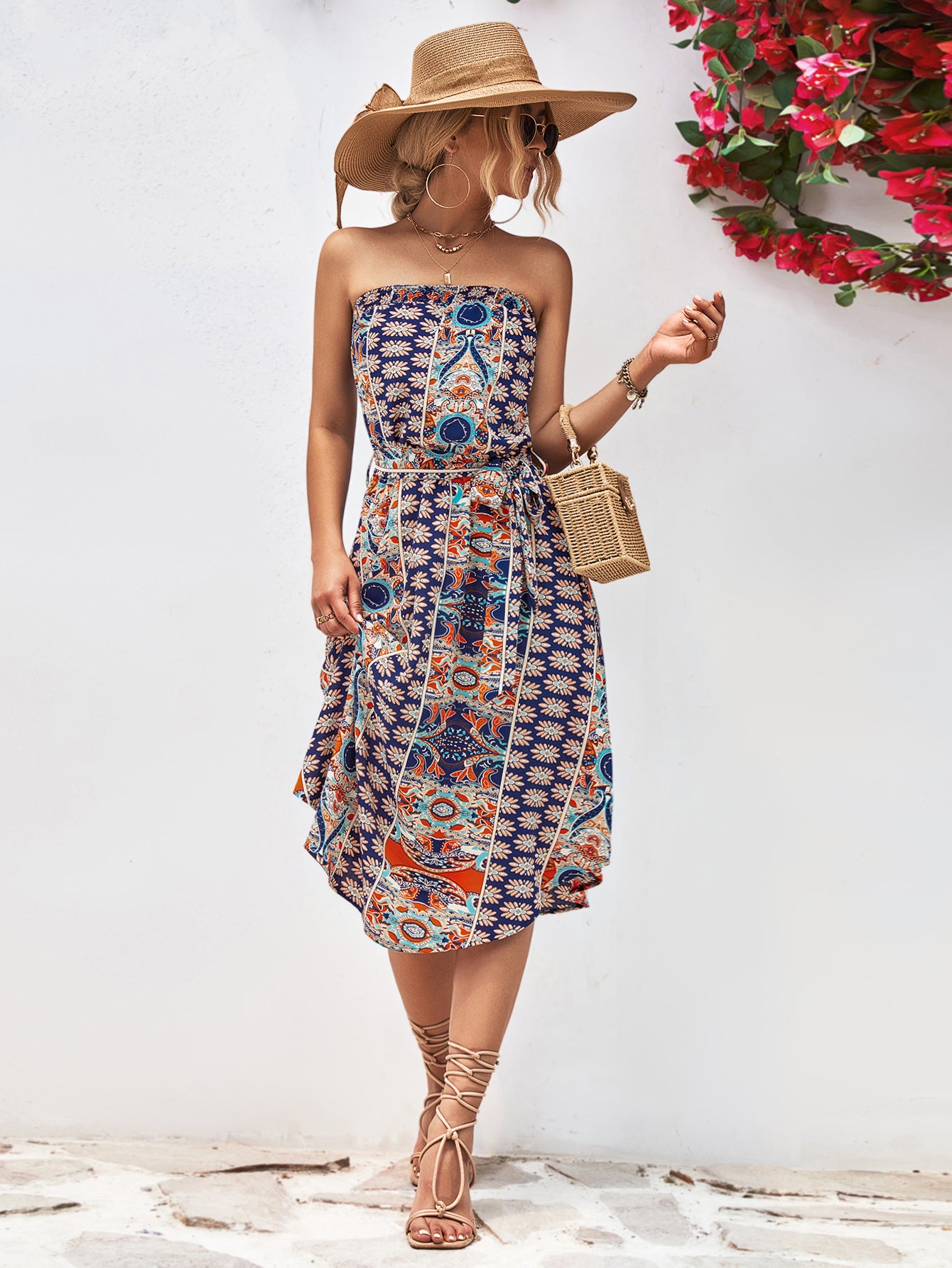 Printed Strapless Tie Belt Dress apparel & accessories