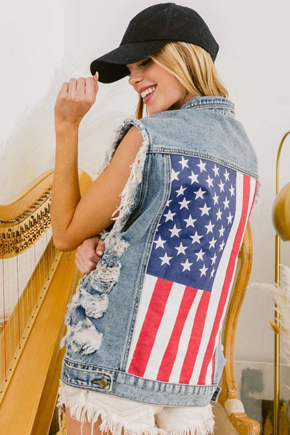 BiBi Distressed Raw Hem US Flag Sleeveless Denim Jacket apparel & accessories