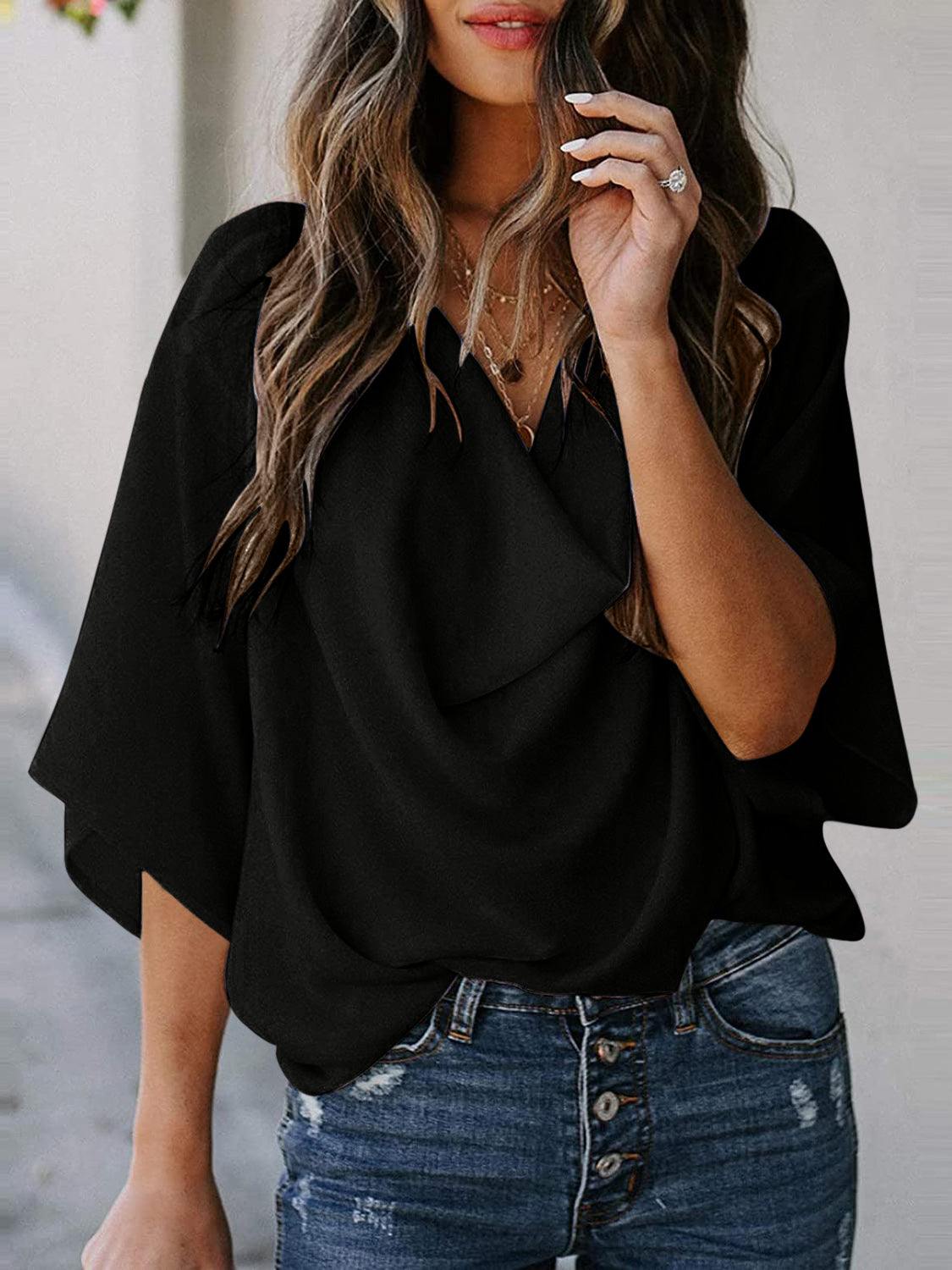 Cowl Neck Three-Quarter Sleeve Blouse apparel & accessories