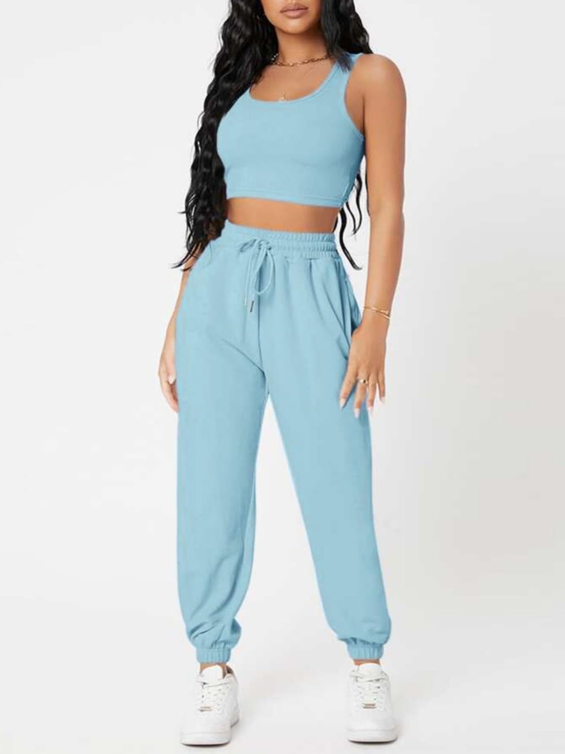 Wide Strap Top and Drawstring Joggers Set Bottom wear