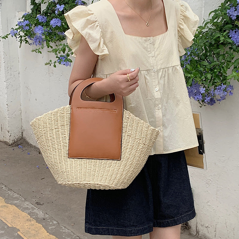 Splicing Retro Straw Bag With Large Capacity apparel & accessories
