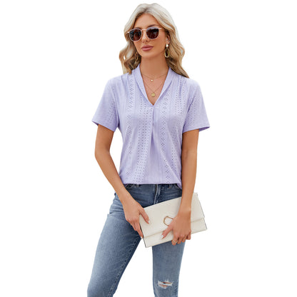 V-neck Hollow Design T-shirt Summer Loose Short-sleeved Top For Womens Clothing apparel & accessories