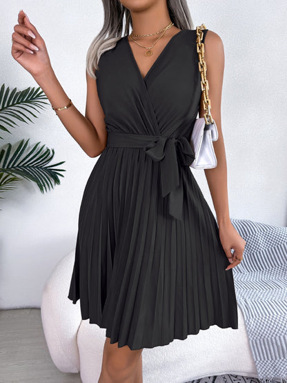 Tied Surplice Sleeveless Pleated Dress Dresses & Tops