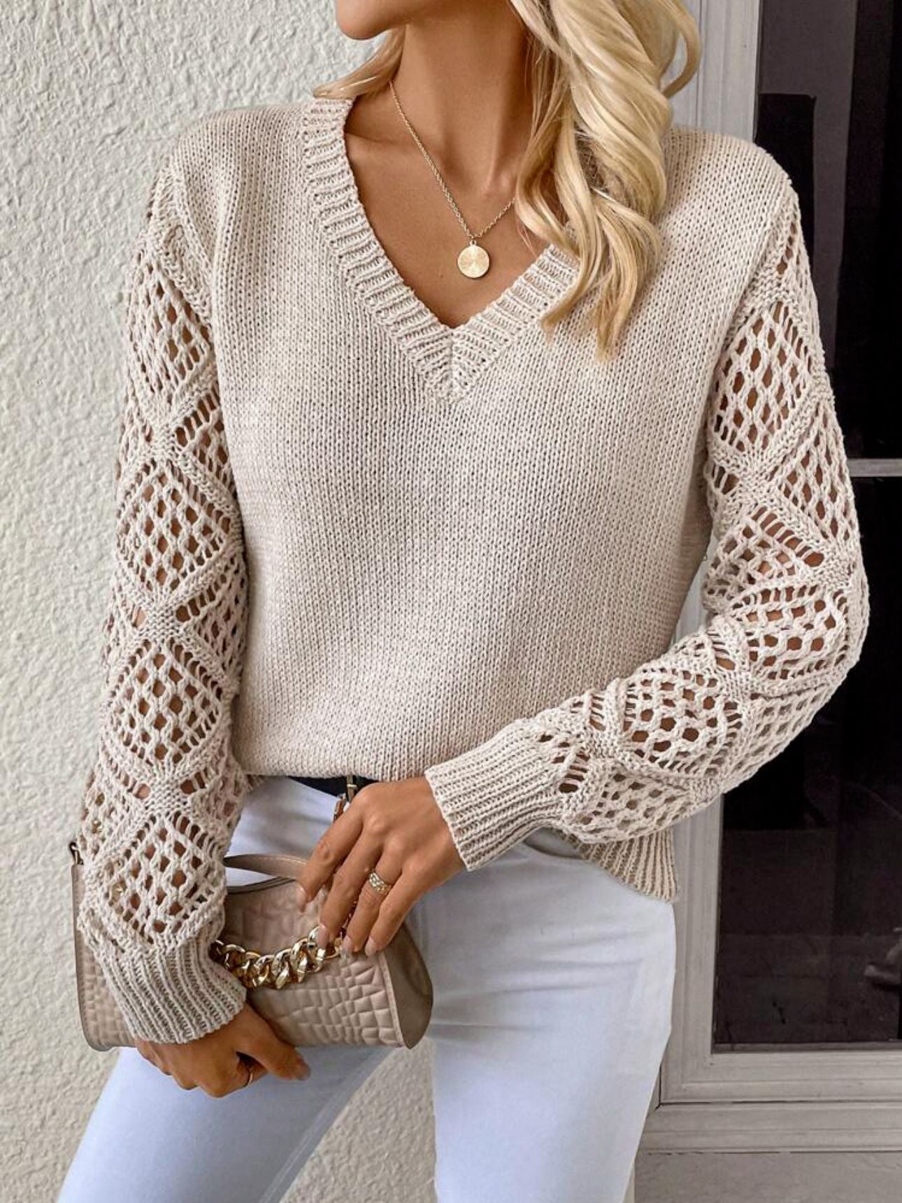 Openwork V-Neck Long Sleeve Sweater Dresses & Tops