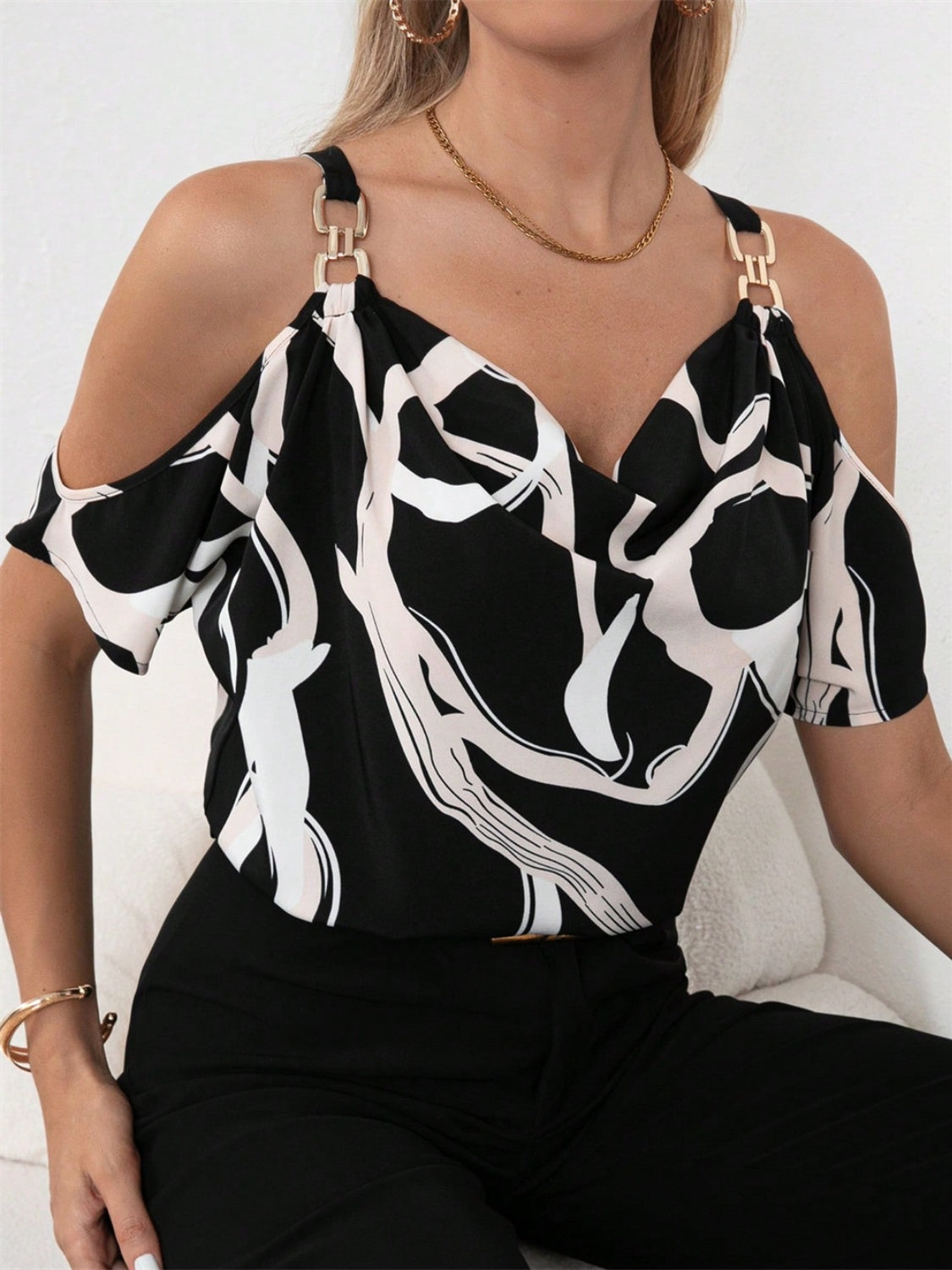 Cutout Printed Cowl Neck Short Sleeve Blouse Dresses & Tops