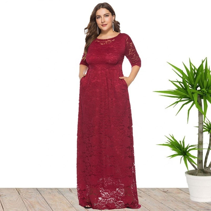 Plus Size Women New Hollow Lace Pocket Dress Dresses & Tops