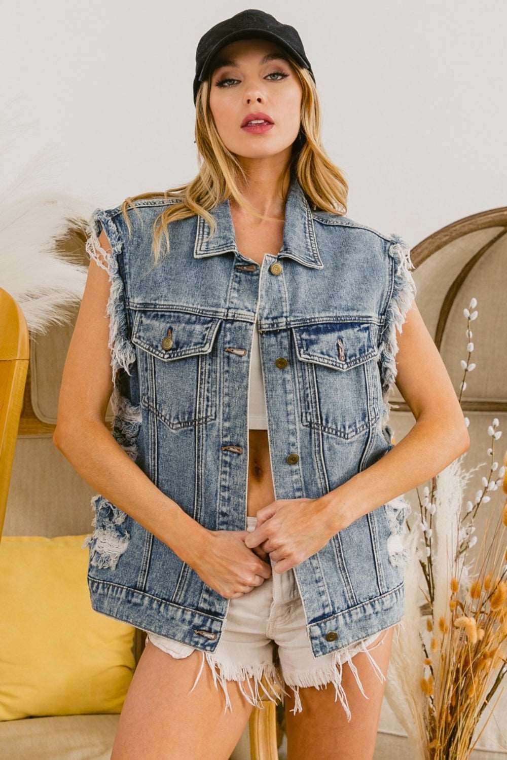 BiBi Distressed Raw Hem US Flag Sleeveless Denim Jacket apparel & accessories