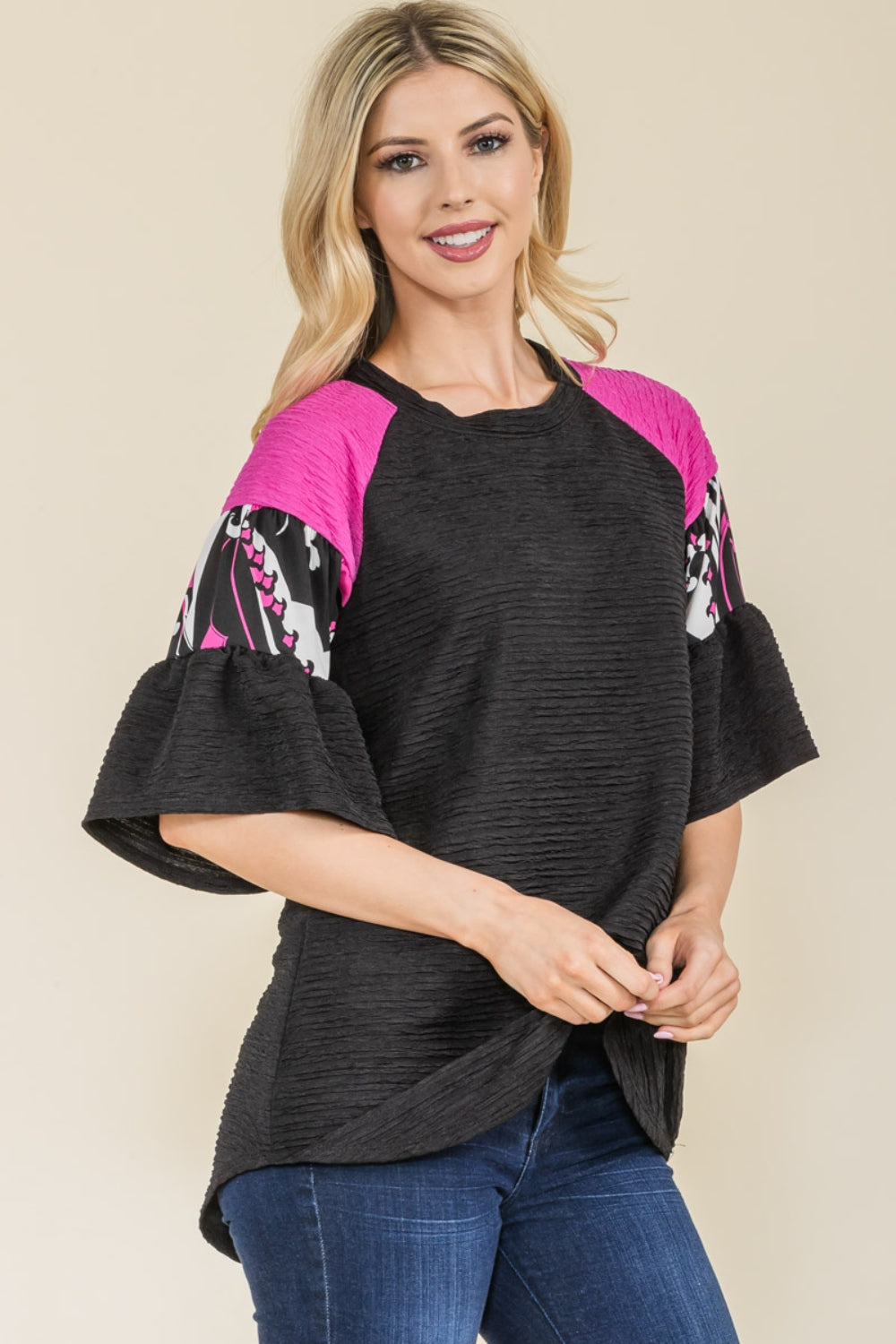 Celeste Full Size Texture Printed Color Block Top apparel & accessories