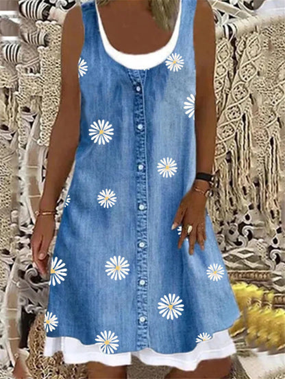 Women's Fashion Denim Print Sleeveless Round Neck Dress apparel & accessories