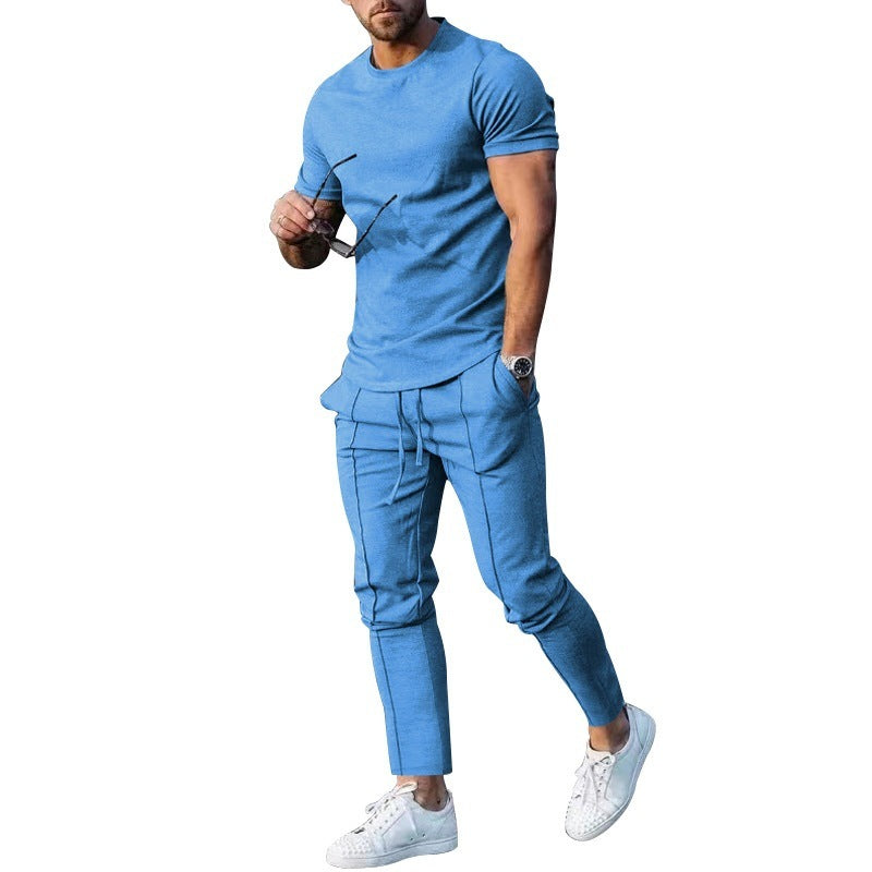 Solid Color Casual Round Neck Short Sleeves T-shirt Trousers Two-piece Set apparel & accessories