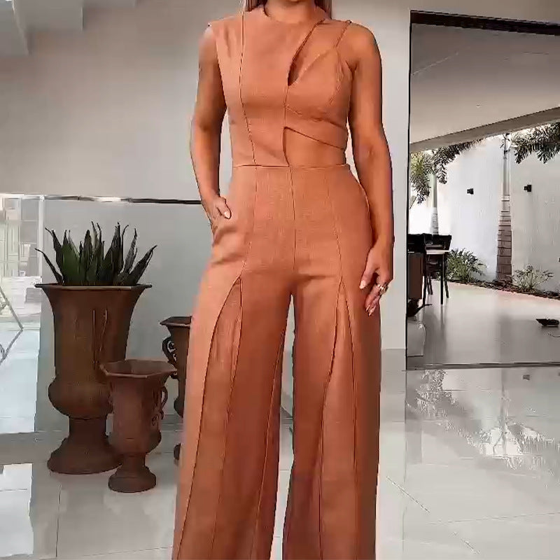 Fashion Round-neck High Waist Solid Color Hollow Out Wide Leg Jumpsuit apparel & accessories