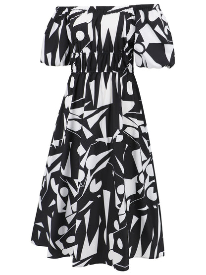 Printed Off-Shoulder Balloon Sleeve Dress apparel & accessories