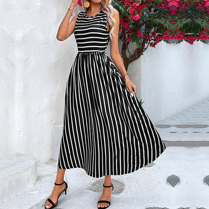 Summer Round Neck European And American Striped Sleeveless Dress apparel & accessories