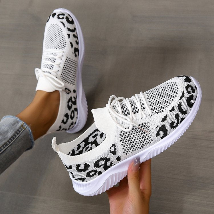 White Shoes Leopard Print Lace-up Sneakers Shoes & Bags