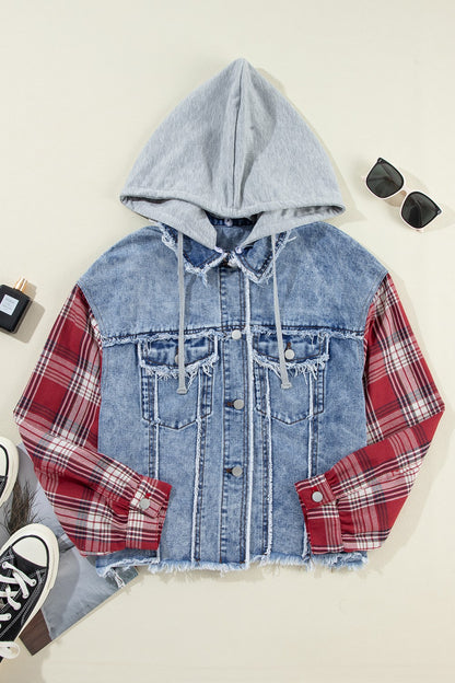 Raw Hem Drawstring Plaid Denim Jacket Dresses & Tops