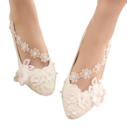White Large Lace Low Heel Wedding Dress 3D Flower Women's Shoes Shoes & Bags