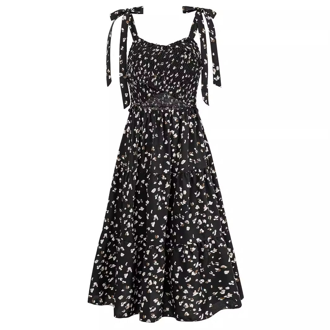 Printed Smocking Hollow Out Bundle Shoulder Strap Dress Women apparels & accessories