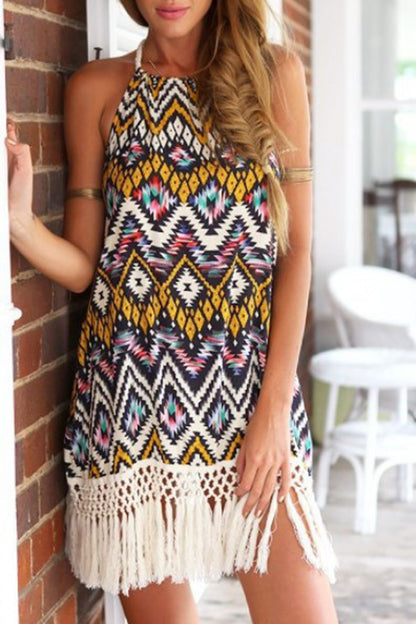 Full Size Tassel Printed Halter Neck Mini Dress Dresses & Tops