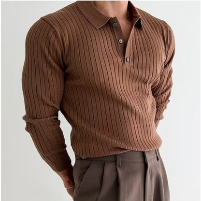 Lapel Button Long Sleeve Polo Shirt Slim Fashion Solid Striped Knitted Bottoming Shirt Top Men's Clothing T-Shirt