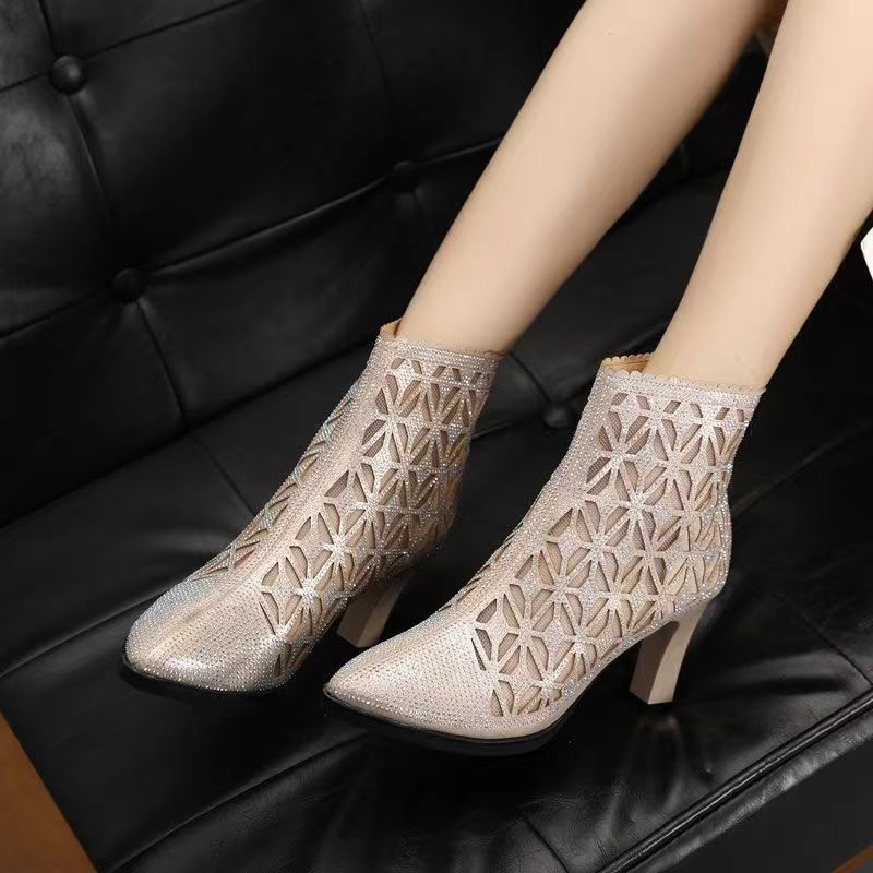 High Heel Mesh Boots Hollow-out Single Boots Pointed Toe Rhinestone Mesh Shoes & Bags