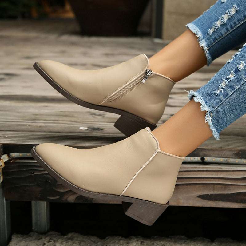 Ankle Boots Women Chunky Mid Heel Shoes Waterproof Side Zipper Boots Shoes & Bags