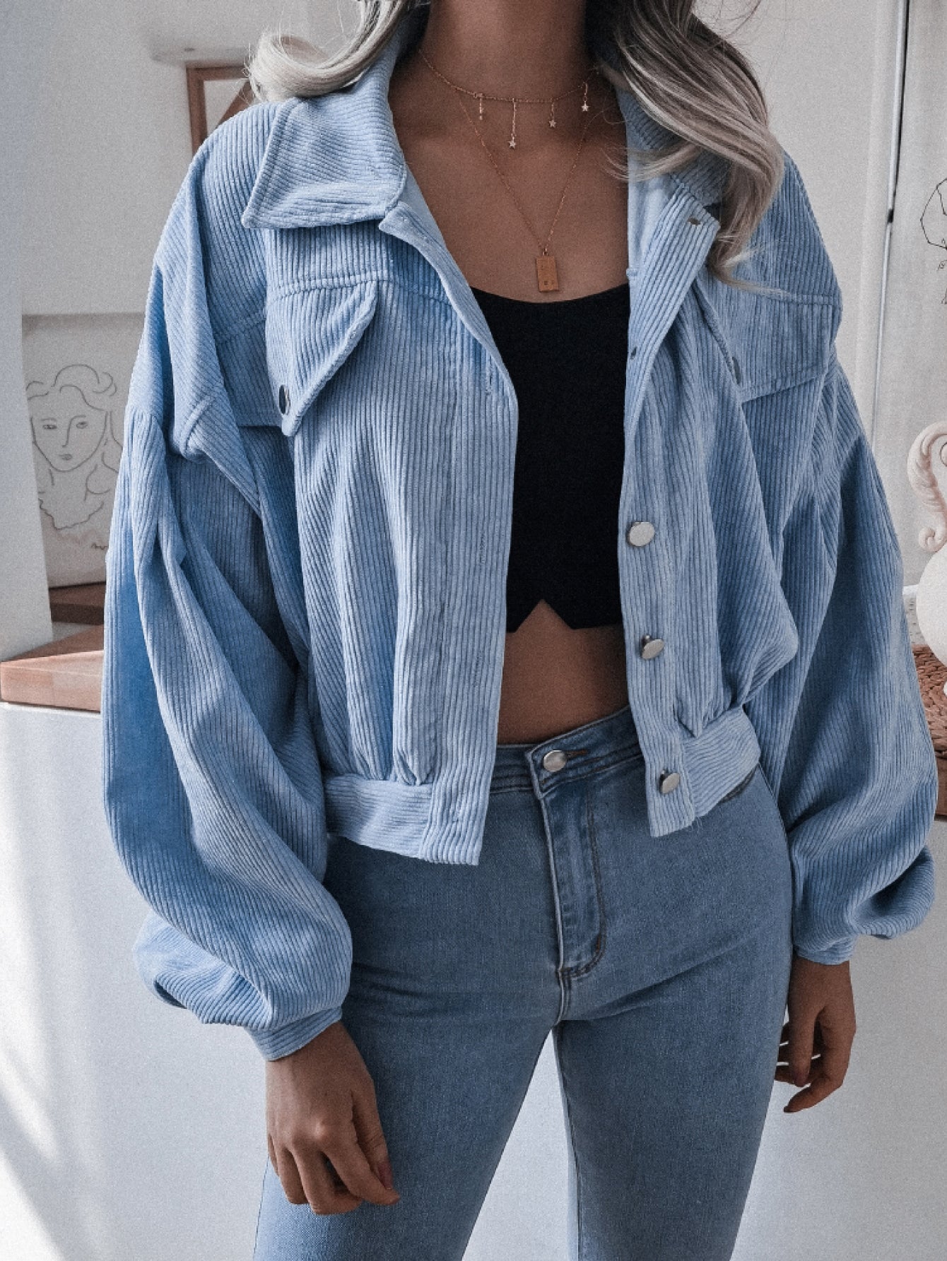 Lantern Sleeve Cropped Corduroy Jacket apparel & accessories