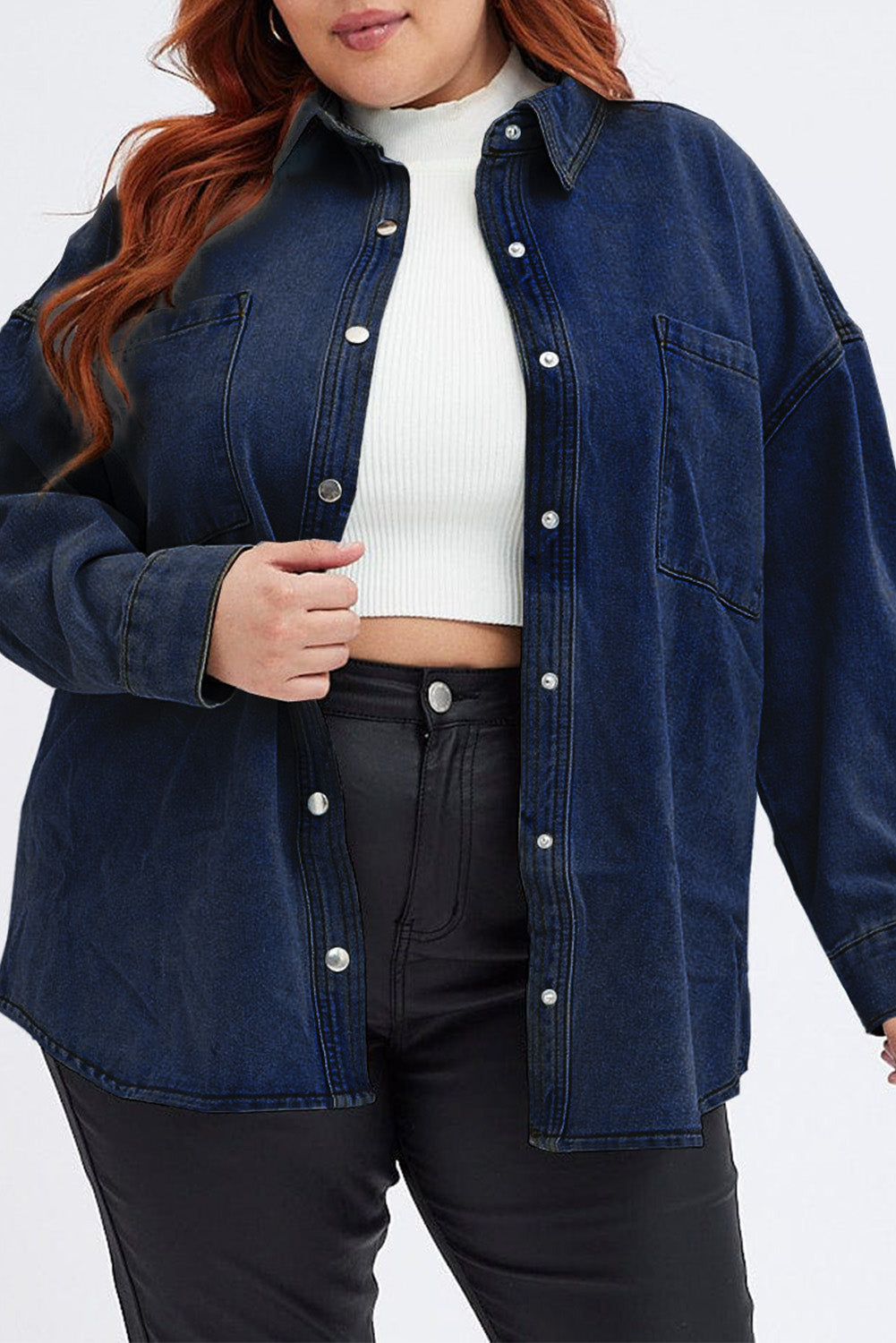 Plus Size Snap Down Pocketed Denim Jacket Dresses & Tops