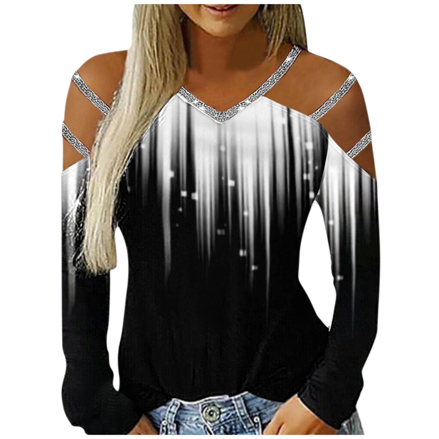 Ladies Casual V-Neck Printed Cutout Off Shoulder Long Sleeve T-Shirt apparels & accessories