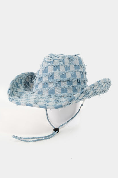 Fame Checkered Fringe Denim Cowboy Hat apparel & accessories