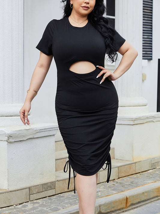 Plus Size Cutout Ruched Round Neck Short Sleeve Dress Dresses & Tops