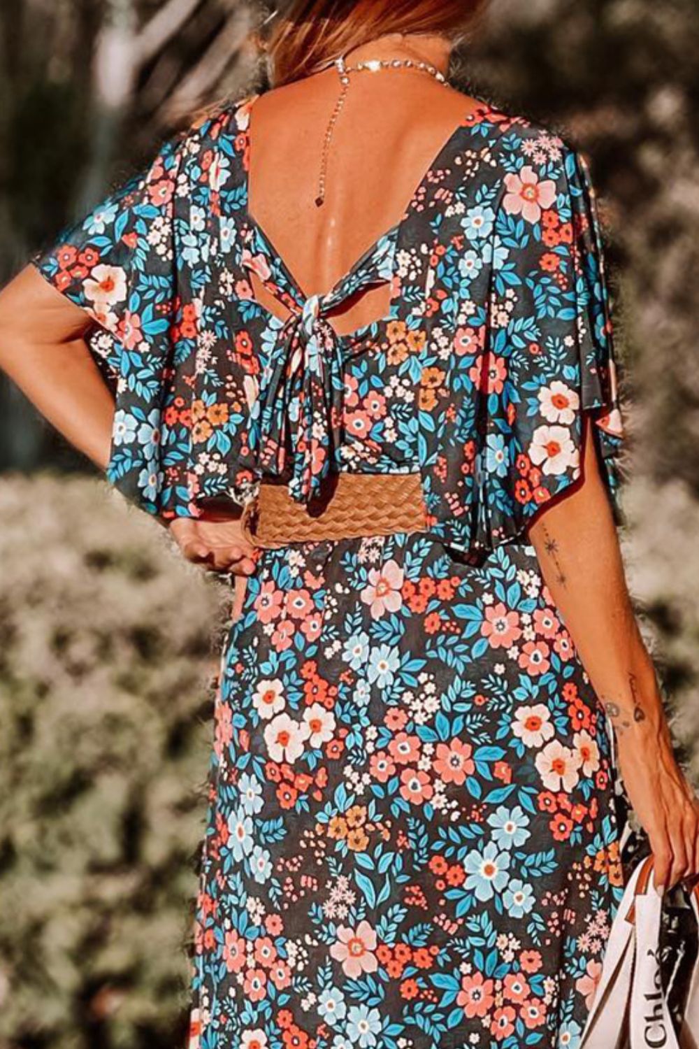 Tied Printed Round Neck Half Sleeve Dress apparel & accessories