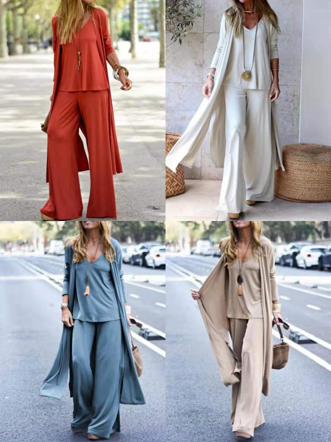 Autumn Fashion Loose Three piece Vneck Suspender  Straight Trousers  Long Cardigan apparels & accessories