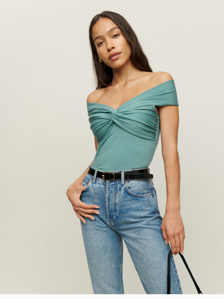 Summer Solid Color And V-neck Knitted Off-shoulder Slim-fit Crop-top apparel & accessories