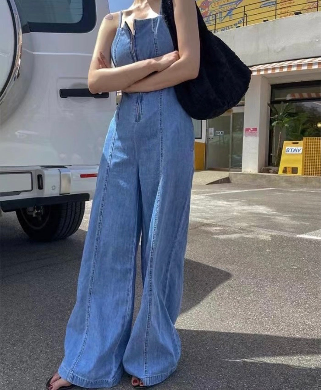 Front Long Zipper Sling Back Hollow Lace Wide Leg Pants Denim Jumpsuit apparel & accessories