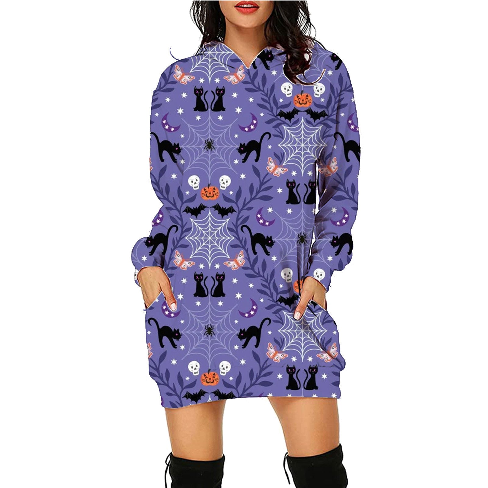 Halloween Print Long Hoodie With Pockets halloween