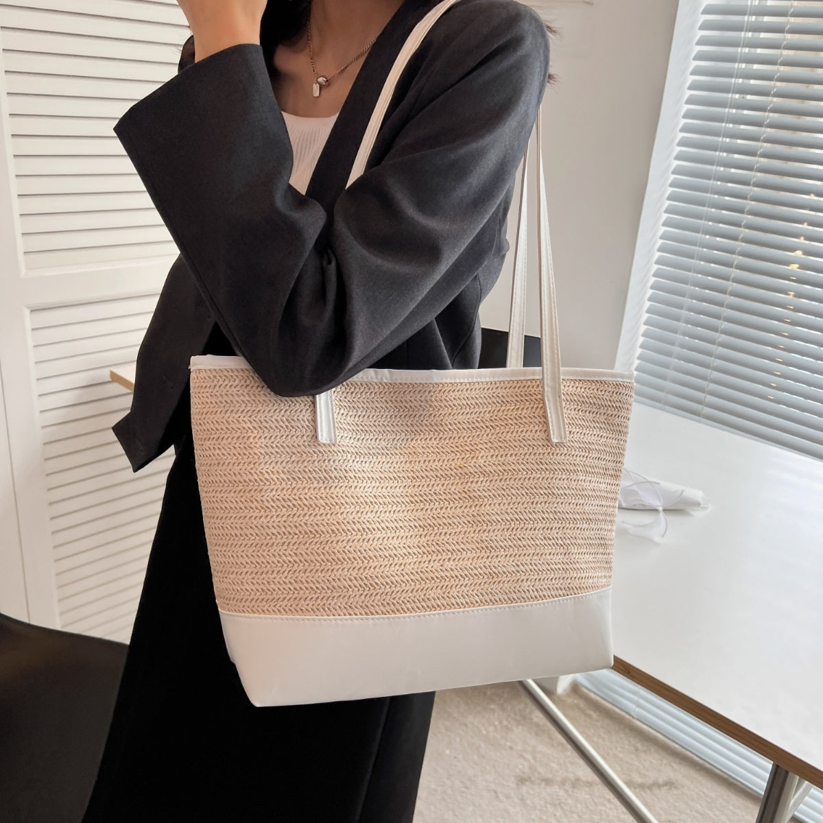 Straw Weave Leather Strap Tote Bag apparel & accessories