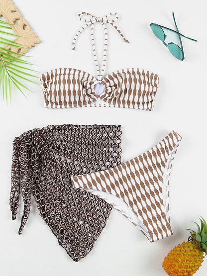 Geometric Halter Neck Three-Piece Swim Set apparels & accessories