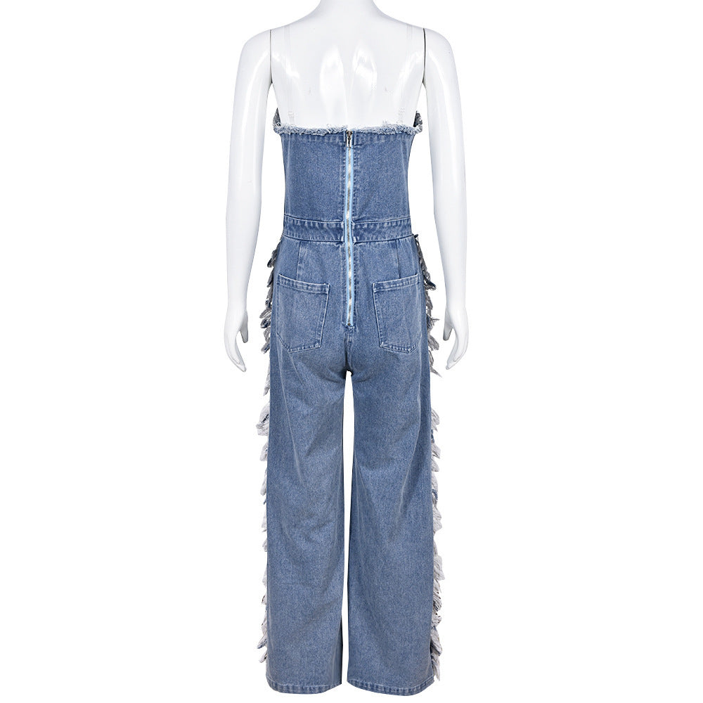 Women's Tassel Hole Rhinestone Washing Water Denim Jumpsuit apparel & accessories