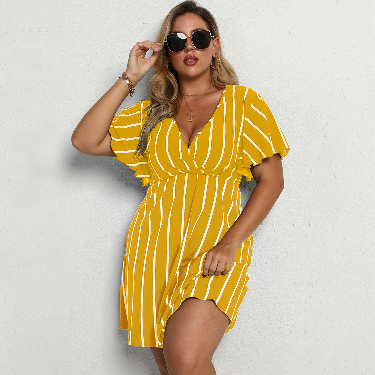 Plus Size Women's Loose V-Neck Patchwork Striped Dress Dresses & Tops