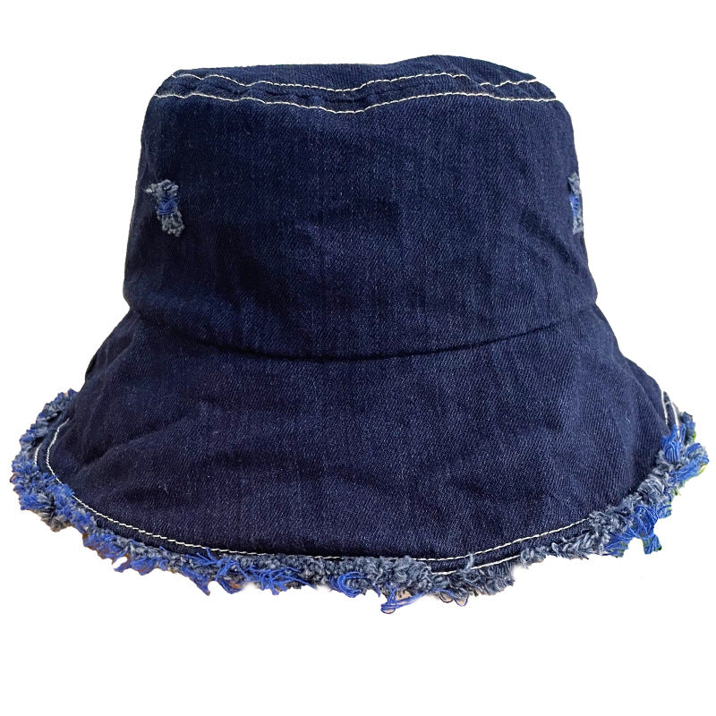 Made Of Old Rough Edge Denim Fisherman Hat Women's Sun Protection Retro Jewelry