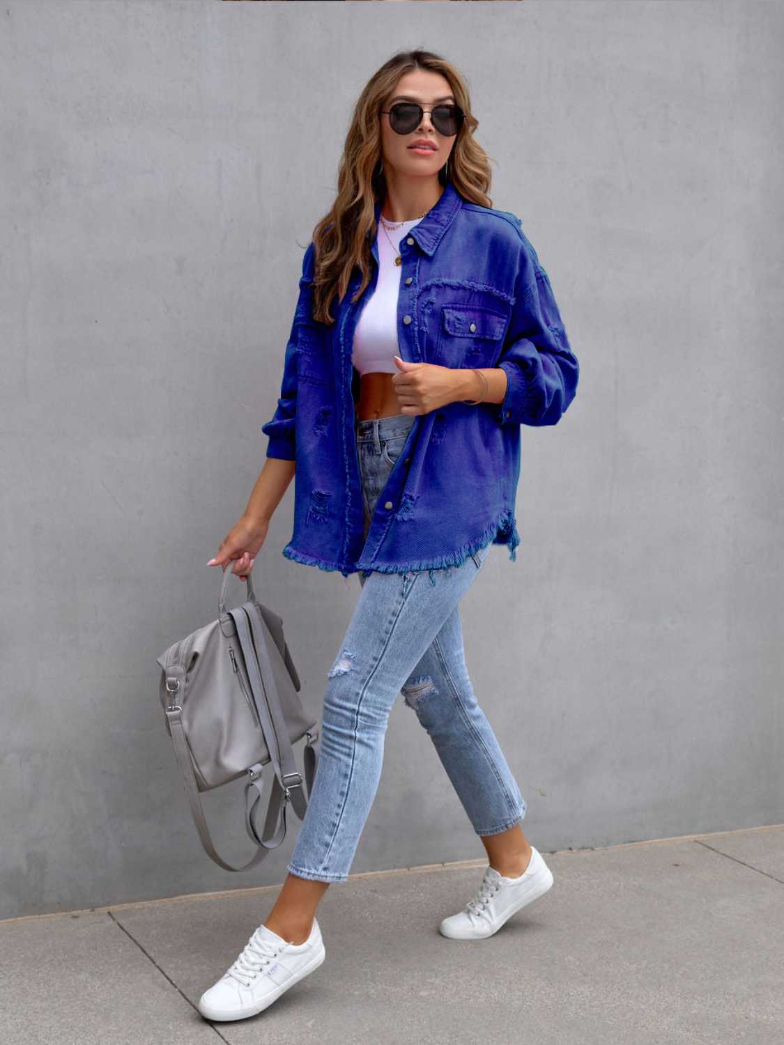 Distressed Drop Shoulder Denim Jacket apparel & accessories