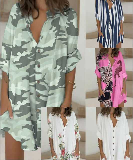 Women's Summer Fashion Print Trendy Shirt Loose Pocket Dress apparel & accessories