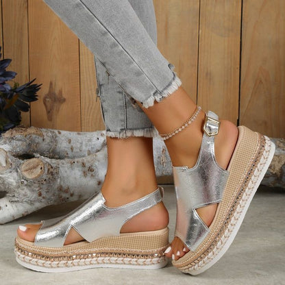 Summr Shiny Sandals Hollow Design Fish Mouth Sandal For Women Fashion Buckle Wedges Shoes Shoes & Bags